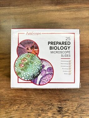 NEW AmScope 25 Prepared Biology Microscope Slides Etymology Hematology Wood Case